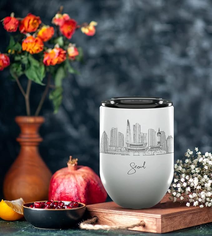 Seoul Skyline Wine Tumbler, Asia Skyline 12oz Wine Tumbler, Custom Wine Tumblers Gift For Birthday, Spill Resistant Tumblers for Women, Personalized Wine Tumbler
