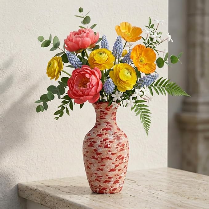 Small Terracotta Bud Vase (5.7"), Hand-Painted Red Ceramic Splatter Flower Vase for Single Stems, Rustic Clay Desk & Shelf Decor, Boho Vintage Accent Piece
