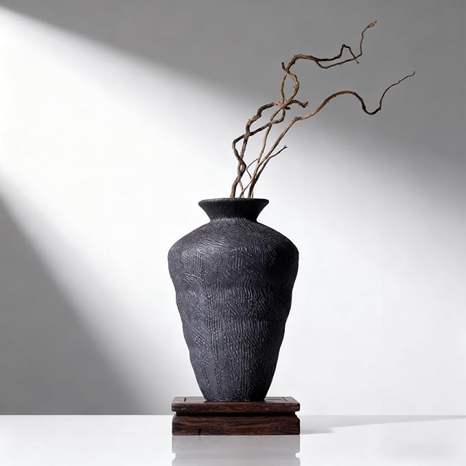 Wabi Sabi Ceramic Vase 9.1 Inch, Rustic Pottery Vase for Home Decor, Organic Textured Charcoal Black Vase for Pampas Grass, Coffee Table Shelf Farmhouse Decor