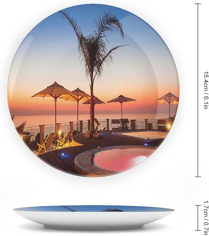 10 Inch Decorative Plate, House Decor Ceramic Craft, Summer Resort Place by the Sea at Evening Caribbean Print Ornament Display Plate for Dining Table Setting, Wedding Decoration, Christmas Tablescape