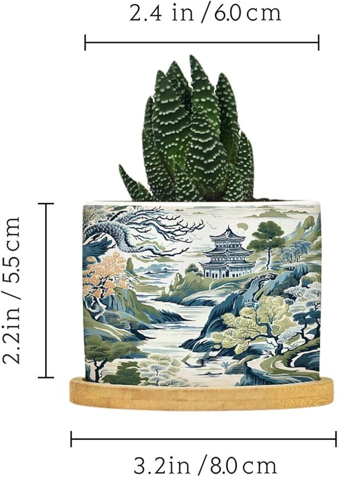 Trend Dragon and Print Planters Ceramic Chinoiserie Asian Inspired Round Flower Pots with Drainage Holes and Bamboo Tray Pot for Home Desktop Office Windowsill