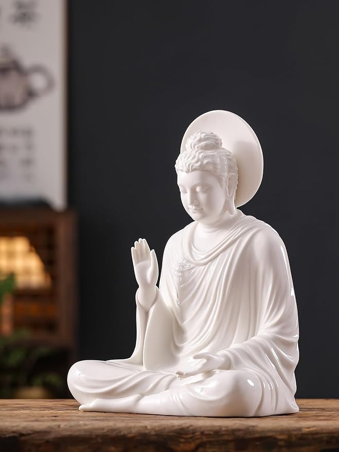 Houlu 12.8 Inch White Buddha Statue for Home Decor, Meditating Buddha Statue with Halo, Ceramic Buddha Statues Indoor/Outdoor for Meditation and Spiritual Décor