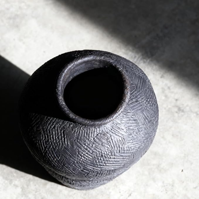 Wabi Sabi Ceramic Vase 9.1 Inch, Rustic Pottery Vase for Home Decor, Organic Textured Charcoal Black Vase for Pampas Grass, Coffee Table Shelf Farmhouse Decor