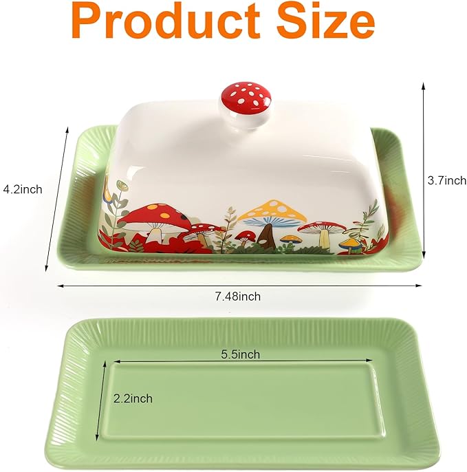 Mushroom Butter Dish With Lid for Countertop,Ceramic Butter Container Mushroom Decor,Butter Tray Large Butter Dish Covered for Cute Kitchen Accessories,Accesorios Para Cocina