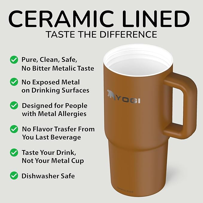 YOGI Ceramic Lined Metal Allergy Safe 24oz Tumbler with Handle and Straw Leakproof Flip & Sip Lid Vacuum Insulated Stainless Steel Travel Cup for Iced Coffee Water and All-Day Hydration 24oz Amber