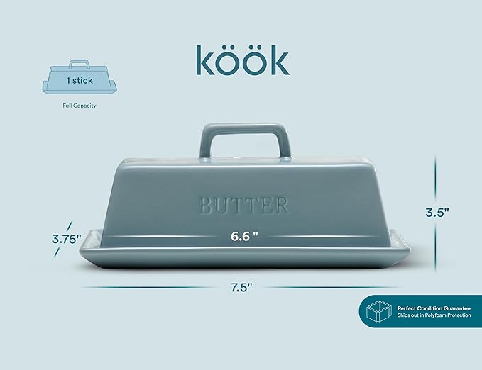 Butter Dish with Lid for Countertop, by Kook, Ceramic Dish Tray with Cover, Kitchen Keeper, Container, Holder (Casper Blue)