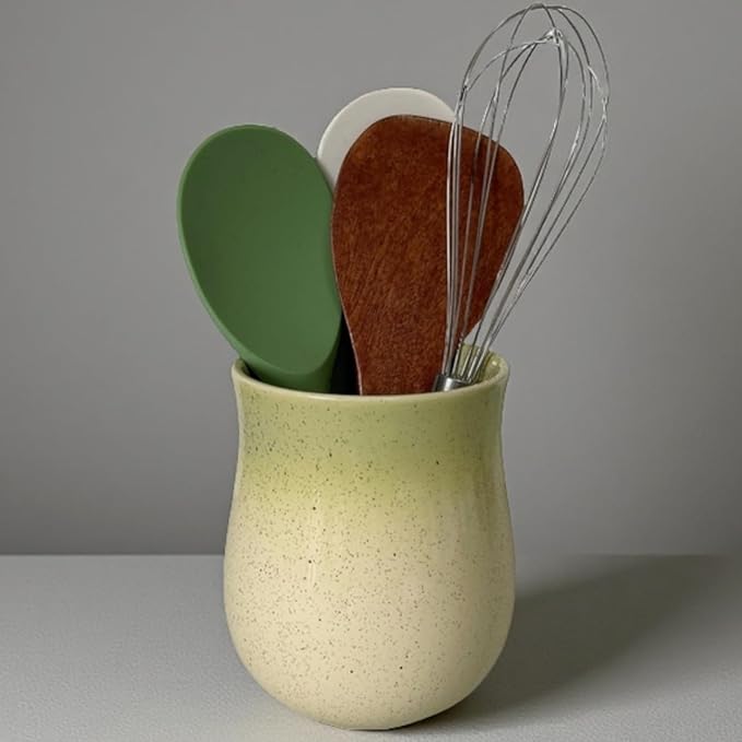 Short Kitchen Utensil Holder for Kitchen Counter, Ceramic Small Utensil Crock & Vase & Holder for Cutlery Spatula Brush Silverware Cooking Utensil Holder (Yellow Green)
