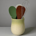 Short Kitchen Utensil Holder for Kitchen Counter, Ceramic Small Utensil Crock & Vase & Holder for Cutlery Spatula Brush Silverware Cooking Utensil Holder (Yellow Green)