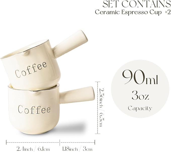 KEMORELA Ceramic Espresso Cups with Spouts & Handles, 3 oz & 90 Milliliter Markings, Espresso Shots, Durable Heat-Resistant Ceramic, Perfect Coffee Accessories for Espresso Lovers (White)