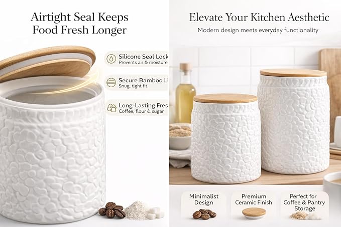 Canisters Set of 2 – White Ceramic Flour and Sugar Containers (94oz & 52oz) with Airtight Bamboo Lids, Decorative Kitchen Counter Storage Jars for Coffee & Pantry