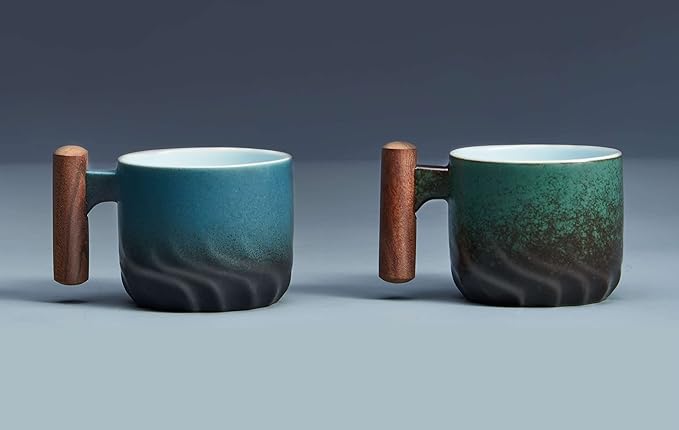 Ceramic Espresso Cups with Wooden Handle Espresso Shot Cups Ceramic Tea Cups Porcelain Demitasse Cups for Coffee or Tea, 2oz (blue&green, 2)