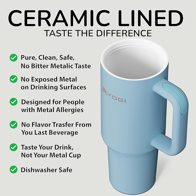 YOGI Ceramic Lined Metal Allergy Safe 30oz Tumbler with Handle and Straw Leakproof Flip & Sip Lid Vacuum Insulated Stainless Steel Travel Cup for Iced Coffee Water and All-Day Hydration 30oz Cielo