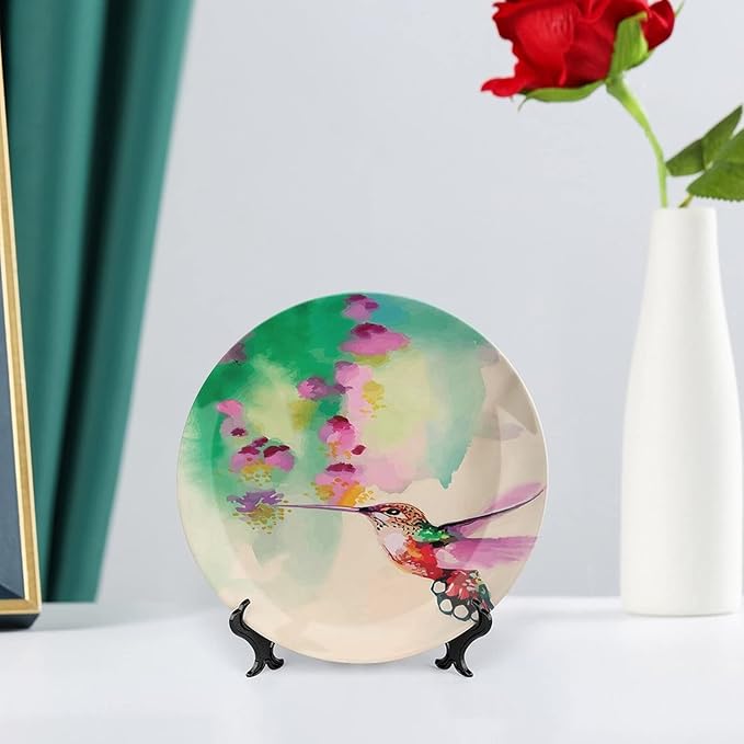 XISUNYA 6 Inch Decorative Plate, Hummingbird Tableware Plate, Colibri Bird Flowers Spring Tropics Theme Print Ceramic Wall Hanging for Home & Office Wall Hanging Decor