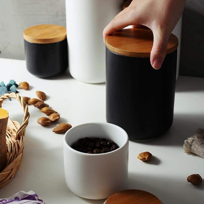 MilkyWay Ceramic Food Storage Jar Canister Modern Design Food Canisters with Airtight Seal Bamboo Lid,Loose Tea Coffee Spice Nuts Snacks Seasonings Storage Jar Canister Caddy (White 31.67oz/900ml)