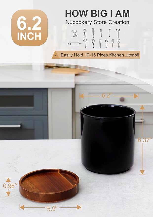 Nucookery 360° Rotating Utensil Holder, 7.2" Large Utensil Crock, White Ceramic Cooking Utensil Organizer with Countertop-Protection Cork Bottom for Farmhouse Kitchen Decor Gift (Black)
