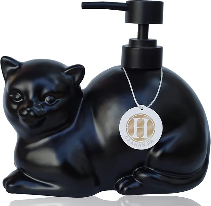 Black Liquid Soap Dispenser, Ceramic Cat, Refillable Wash Liquid Soap Hand Soap for Bathroom Kitchen
