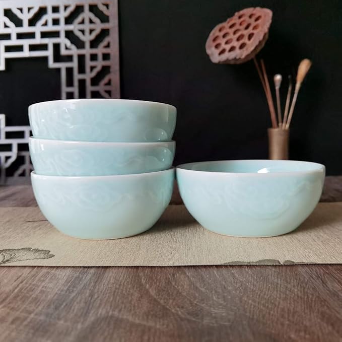 Chinese Rice Bowls 10-Ounce 4.5 inch Celadon Glazed Cereal Bowl Embossed with Auspicious Clouds Porcelain(Set of 4) (Sky Blue)