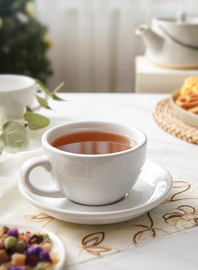 LE TAUCI Cappuccino Cups with Saucers 8 oz, Set of 4 Large Ceramic Coffee Cup Set for Latte, Au Lait, Flat White, Mocha, Tea Cup Set, Dishwasher Safe, Embossed Coffee Cups, White