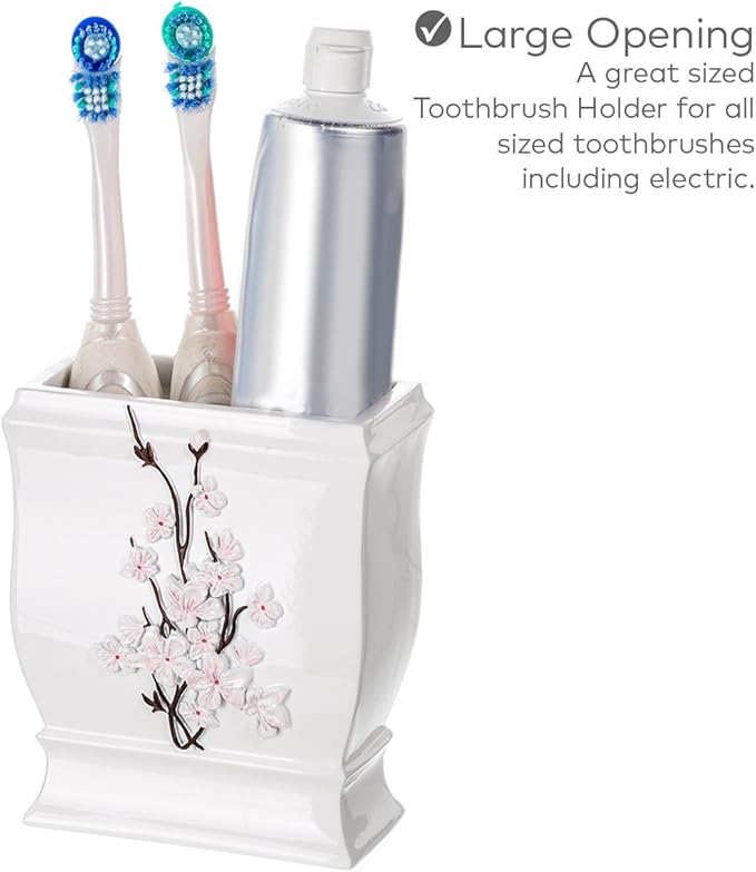 Creative Scents Vanda Bathroom Set - Cherry Blossom White Bathroom Accessories Set - 4 Piece Floral Bathroom Soap Dispenser Set Includes: Lotion Dispenser, Toothbrush Holder, Tumbler & Soap Dish