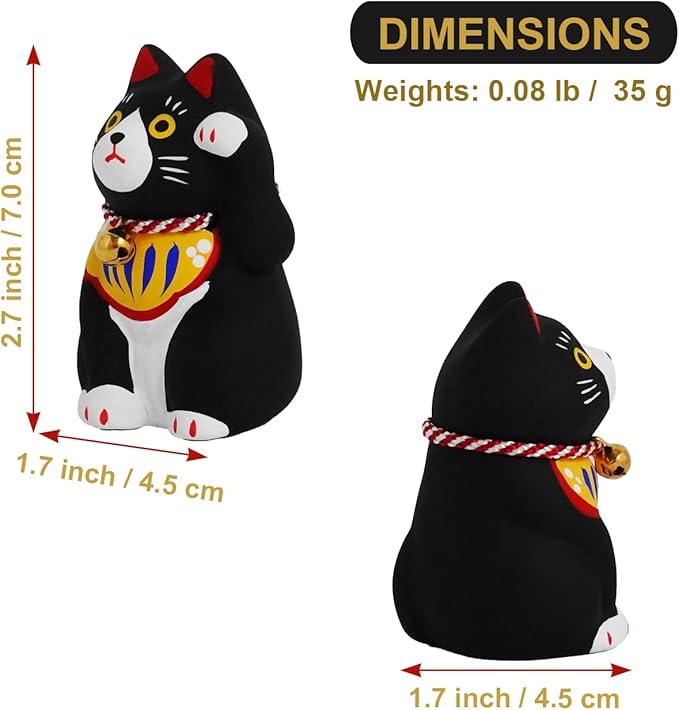 Maneki-Neko Lucky Cat, 2.7 Inches | Hand-Painted Ceramic Fortune and Prosperity Talisman | Artisan Crafted Desk and Room Decor | Made in Japan (Black)