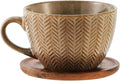 Large Mug, Ceramic Cup with Wood Saucer Set of 1, Cup for Coffee Tea Cereal Breakfast Milk Hot cocoa, Vintage Wheat Embossed Stoneware Mug, 13.3oz/400ml - Microwave Dishwasher Safe