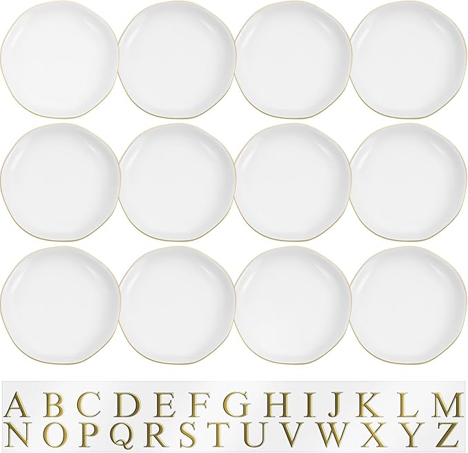 Shappy 12 Pcs Initial Ceramic Jewelry Tray with 26pcs Gold Copper Personalized Monogram, 4.5 Inch Decorative Trinket Dish Plate Bulk for Ring Earring Necklace for Women Wedding Birthday Gift(Round)
