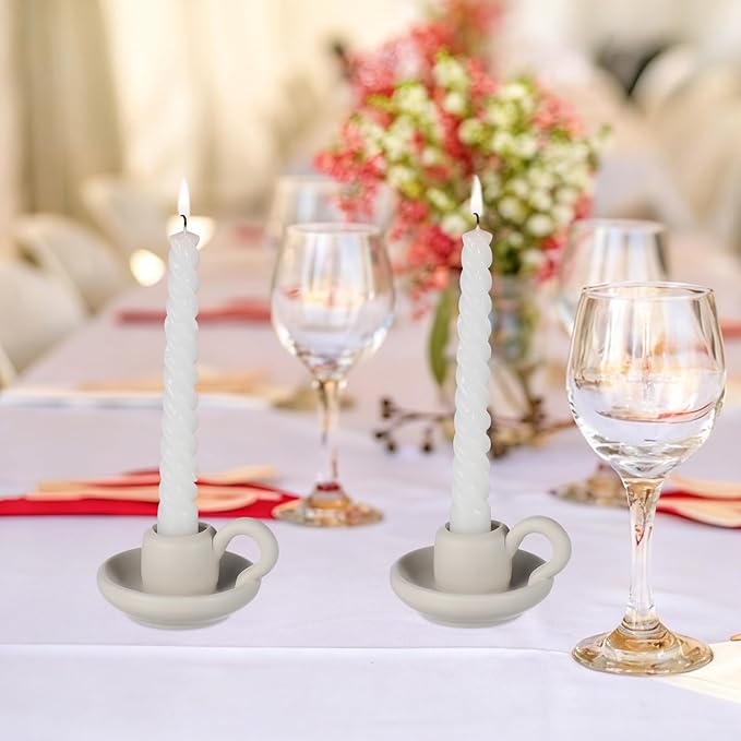 DOITOOL Ceramic Candle Holder with Handle White Taper Candle Holder Nordic Style Ceramic Candlestick Holders for Wedding Halloween Christmas Table Decoration Display (9.5 x 7cm) 2PCS