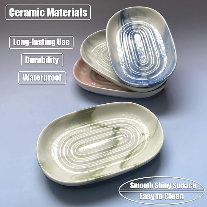 Soap Dish Ceramic, Decorative Ceramic Soap Holder with Unique Marble Textures, Bar Soap Holder for Shower, Bathroom, Kitchen, Tubs, Sink, Hotels, Counters (Pink Texture)