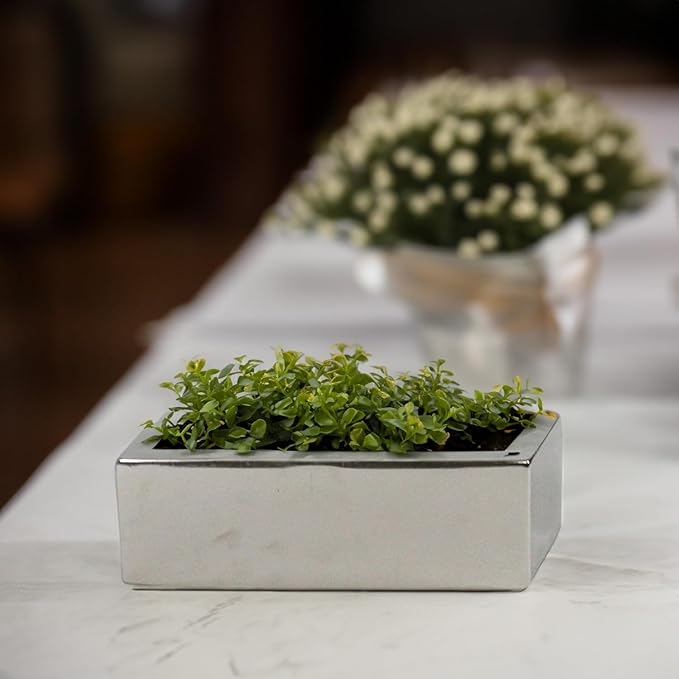 WGVI Long Rectangle Ceramic Planter Vase in Silver 12" x 4" x 4"H, Block Rectangular Terrarium Box Pot, Flower Arrangement, Table top Centerpiece, Home Decor Organization Storage Container, 1 Pc.