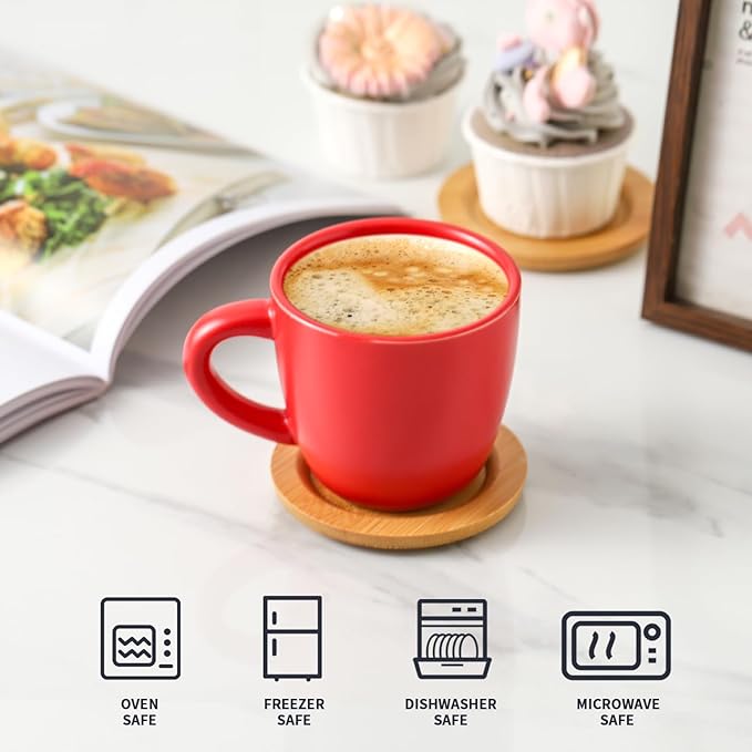 HASENSE 8 oz Tea Cups and Saucers Set of 6, Ceramic Coffee Cups Latte Cappuccino Cups with Handle for Double Shot, Cafe Mocha, Espresso, Stackable Coffee Mugs for Party Home and Kitchen, Red