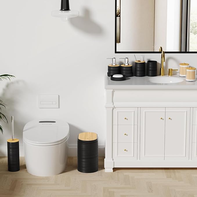 Black Bathroom Set - 10PC Bathroom Accessories Set, Luxury Bathroom Accessory Set with Trash Can,Toilet Brush & 2 PC Soap Dispensers for Apartment Decor and Housewarming