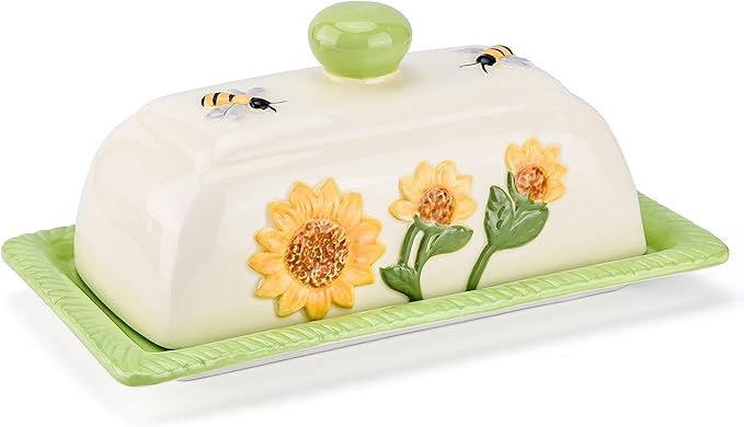 Fungi Fun Ceramic Butter Dish with Lid for Countertop – Decorative Sunflower and Mushroom Design, Unique Sunflower Kitchen Accessories, Cute Butter Dish with Cover for Countertop, Holds 2 Sticks