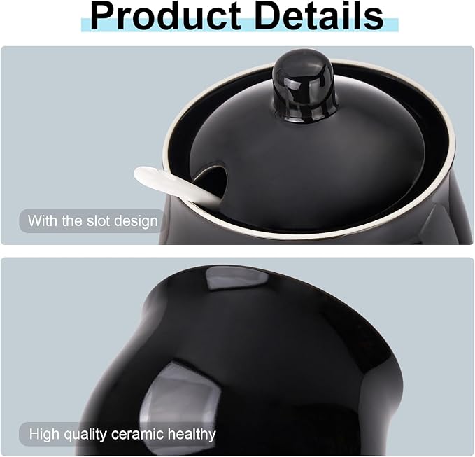 Ceramic Sugar Bowl with Lid and Spoon, Black Porcelain Sugar Salt Pepper Storage Jar, 7 Ounces