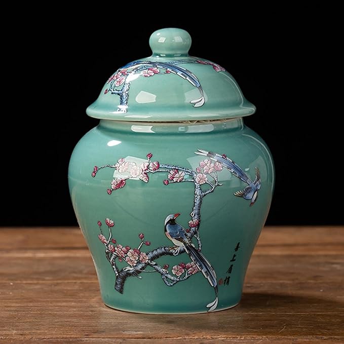 Ceramic Ginger Jar Vase Chinese Crafts Ornaments with Lid Porcelain Jars Asian Ginger Jar for Desktop Living Room Party Home Tea Storage, Plum Blossom Belly