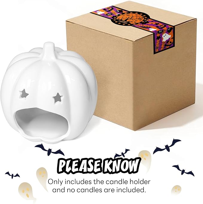 Halloween Pumpkin Stars Ceramic Candle Holder Cute White Pumpkin Designs Tealight Candlestick Table Centerpiece for Halloween Party Office Desk Decorative Candle Holder