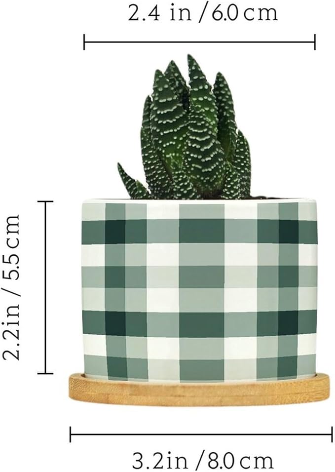 Sage Green Buffalo Plaid Planter Ceramic Green Buffalo Check Round Plant Pot with Drainage Holes and Bamboo Tray Pot for Outdoor Garden Home Plant
