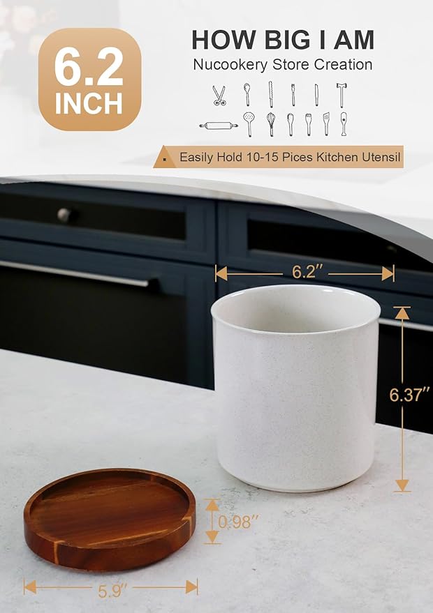 Nucookery 360°Rotating Utensil Holder, 7.2" Large Utensil Crock, Ceramic Cooking Utensil Organizer with Countertop-Protection Cork Bottom for Farmhouse Kitchen Decor Christmas Thanksgiving Gift (Sand)
