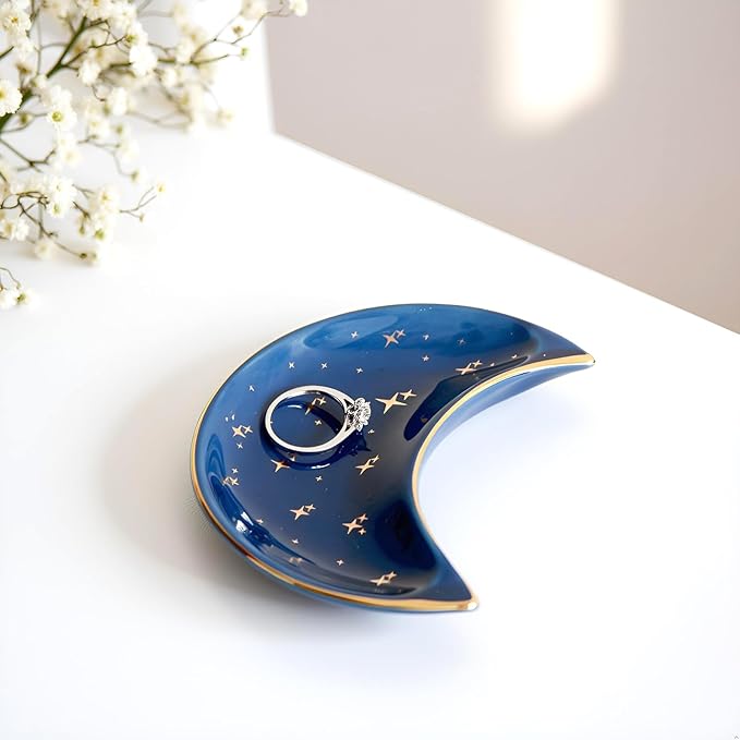 Small Moon Jewelry Dish Tray, Decorative Ceramic Trinket Dish, Modern Accent Tray for Vanity, Blue