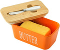 Hasense Porcelain Butter Dish with Bamboo Lid - Covered Butter Dish with Butter Knife for Countertop, Airtight Butter Container with Cover Perfect for East West Coast Butter, Orange