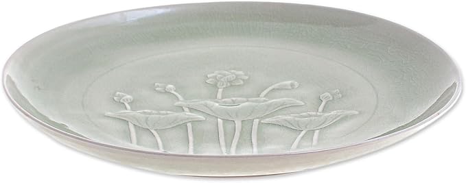 NOVICA Artisan Handmade Celadon Ceramic Dinner Plate Green Lotus Flower Thailand Tableware Dinnerware Floral [1.2in H x 10in Diam.] 'Flavorful'