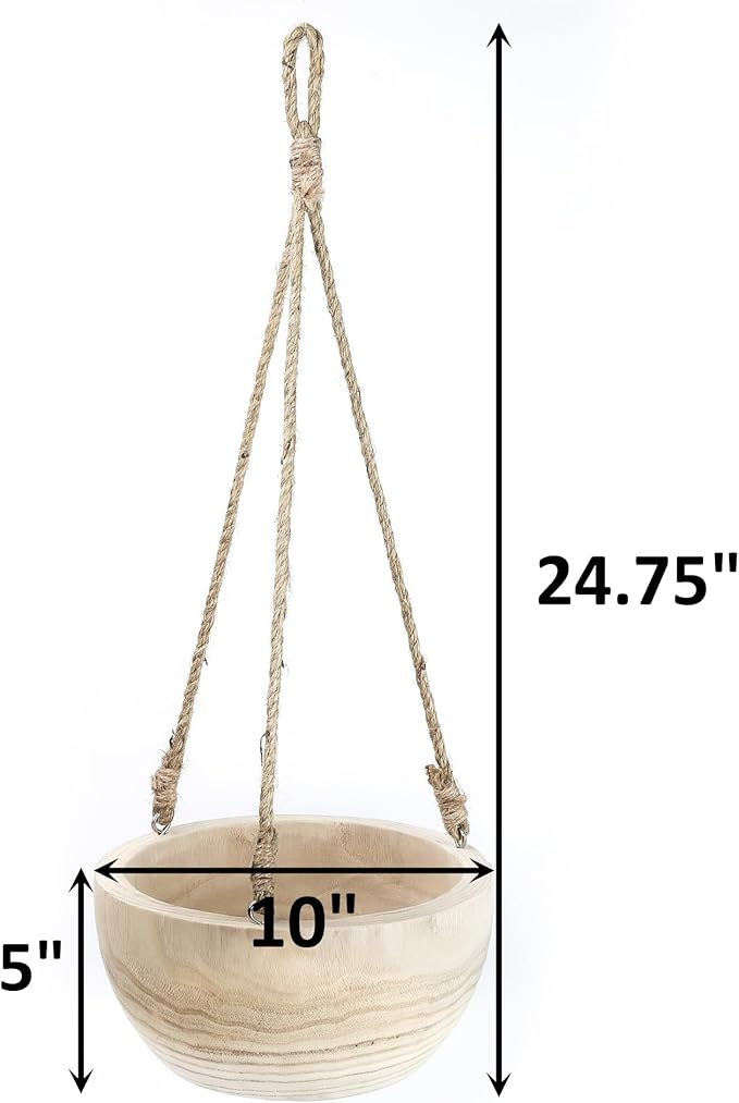 CYS EXCEL Large Wooden Hanging Planter Paulownia Wood Bowl Basket with Jute Rope for Indoor Plants Succulents