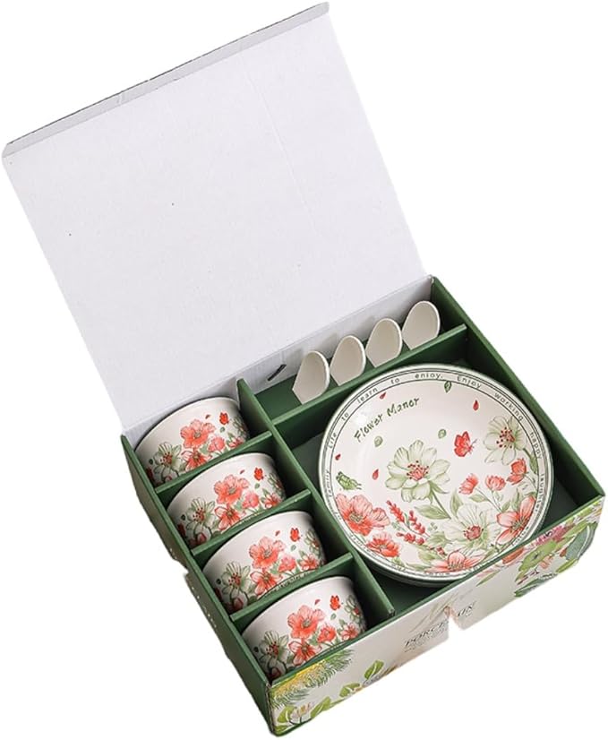 Premium Ceramic Dinnerware Set – Floral Bowls & Plates Set, Elegant Hand-Painted Design, Microwave Safe, Ideal for Wedding/Housewarming/Corporate Gifts (Blossoms, 4*bowls+spoons+plates)