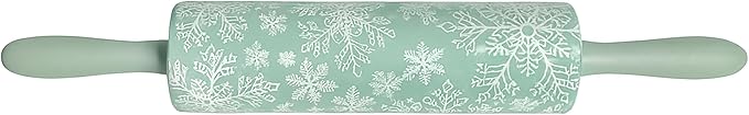 Christmas Rolling Pin – Holiday Design 17.45" x 2.45" Ceramic Rolling Pin with Wooden Handles, Festive Kitchen Baking Tool (Snowflakes)