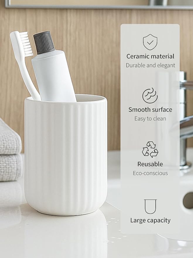 White Ceramic Toothbrush Holder Cup – 13.5oz Bathroom Tumbler with Vertical Stripe Texture, Toothbrush or Makeup Brush Holder