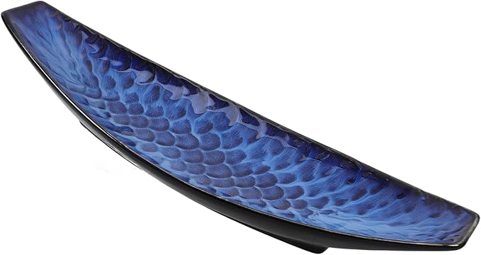 Cabilock Japanese Fish Plate 14.37 Inch Ceramic Sashimi Serving Platter Long Boat Shape Cold Dish Dessert Tray for Home Kitchen and Restaurant Use