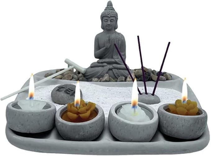 Buddha Zen Garden Candle Holder Set, Tabletop Meditation Kit with Incense Holder, Decorative Rocks and Sand