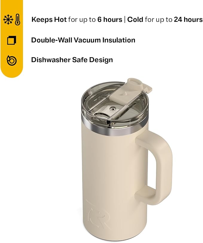 RTIC 16oz Road Trip Travel Mug with Lid and Handle, Ceramic Lined, Insulated, Stainless Steel, Metal, Double Wall Vacuum-Insulation, Portable Coffee, Tea Cup for Hot and Cold Drink, Beach