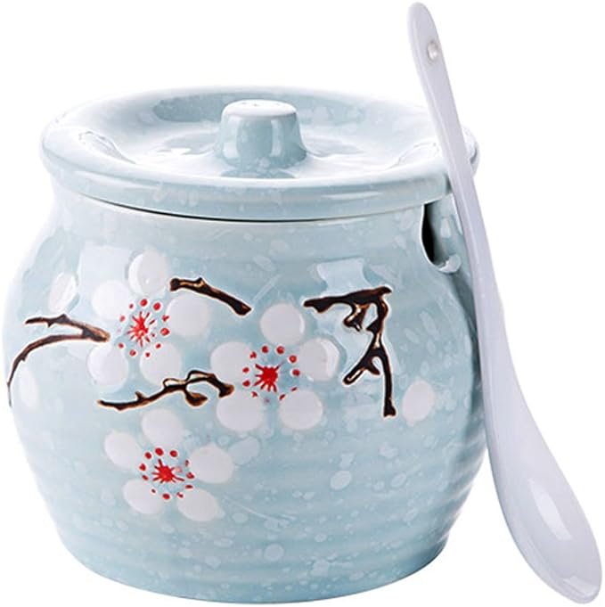 Ceramic Flower Sugar Bowl Seasoning Pot Salt Pepper Storage Jar with Lid And Spoon