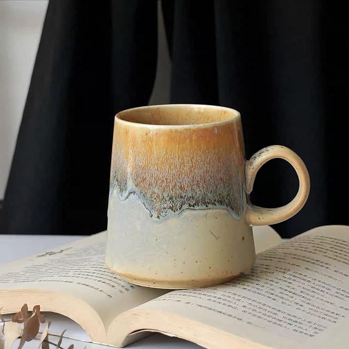 15oz Retro Japanese style Handmade Ceramic Coffee Mug - Unique Vintage Pottery tea cup, Lead-free Artisanal stoneware ceramic tea mug, Dishwasher & Microwave Safe Coffee cup for office and home