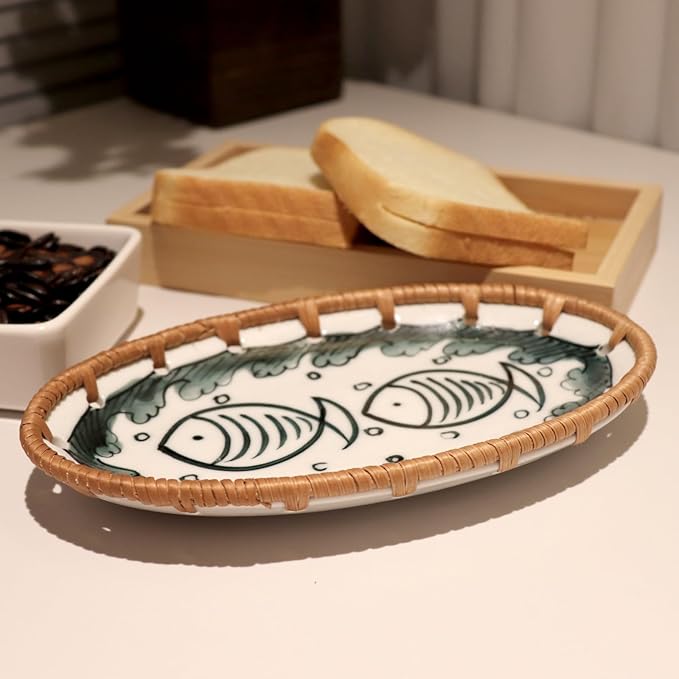 Rattan Ceramic Tray, Oval Fruit/Bread/Cookie/Jewelry Small Storage Porcelain Serving Plate, Vintage Decorative Display Plate for Coffee Table Home Decor Wedding Party Gift (Green Fish)